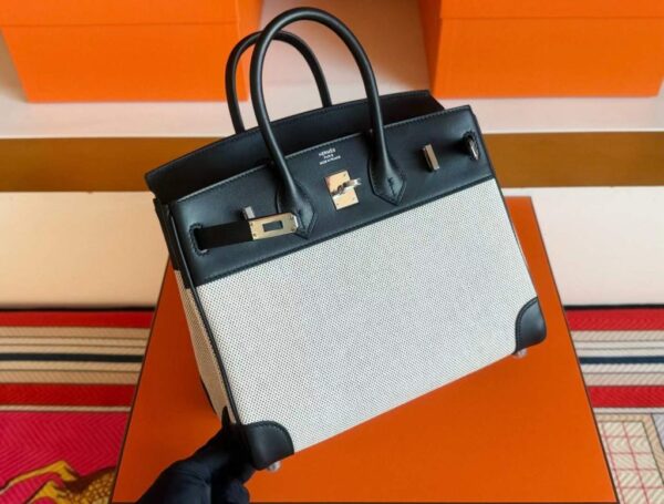 H Factory Bags Birkin toile Swift Leather & Grid Canvas Black & White Silver Hardware 25cm Full Handmade