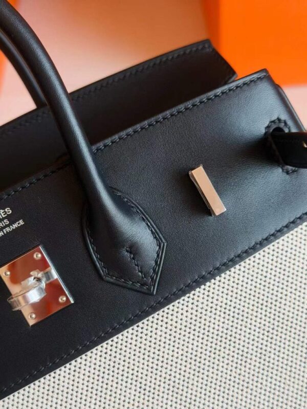 H Factory Bags Birkin toile Swift Leather & Grid Canvas Black & White Silver Hardware 25cm Full Handmade