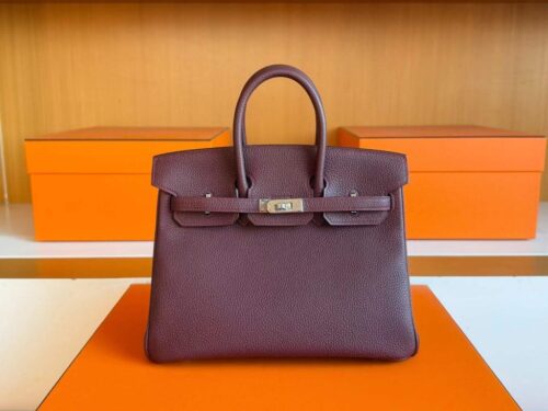H Factory Bags Birkin Togo Leather Dark Purple Red Silver Hardware 25cm Full Handmade