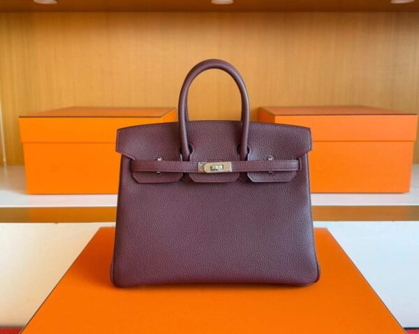 H Factory Bags Birkin Togo Leather Dark Purple Red Silver Hardware 25cm Full Handmade