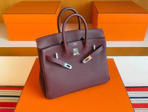 H Factory Bags Birkin Togo Leather Dark Purple Red Silver Hardware 25cm Full Handmade