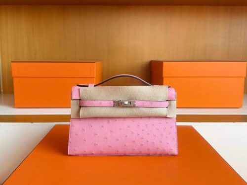 H Factory Bags Mini Kelly Pochette Ostrich Leather L4 Bubble Pink Silver Hardware 22cm Full Handmade