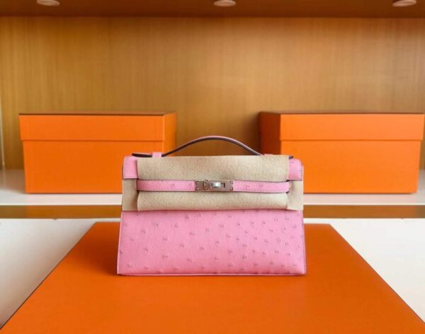 H Factory Bags Mini Kelly Pochette Ostrich Leather L4 Bubble Pink Silver Hardware 22cm Full Handmade