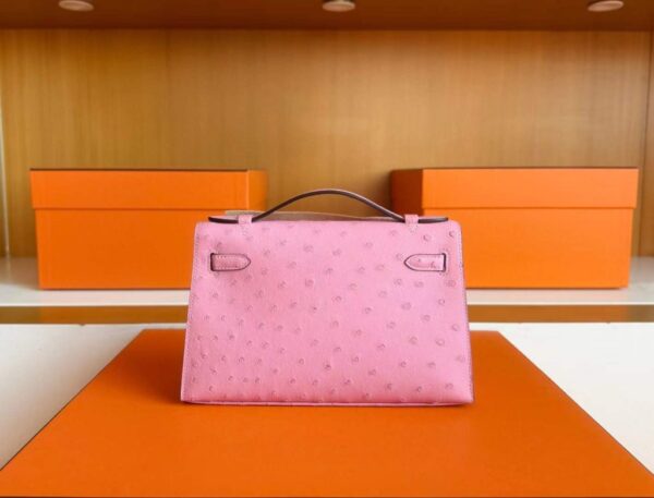 H Factory Bags Mini Kelly Pochette Ostrich Leather L4 Bubble Pink Silver Hardware 22cm Full Handmade