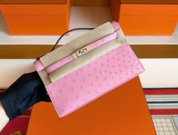 H Factory Bags Mini Kelly Pochette Ostrich Leather L4 Bubble Pink Silver Hardware 22cm Full Handmade