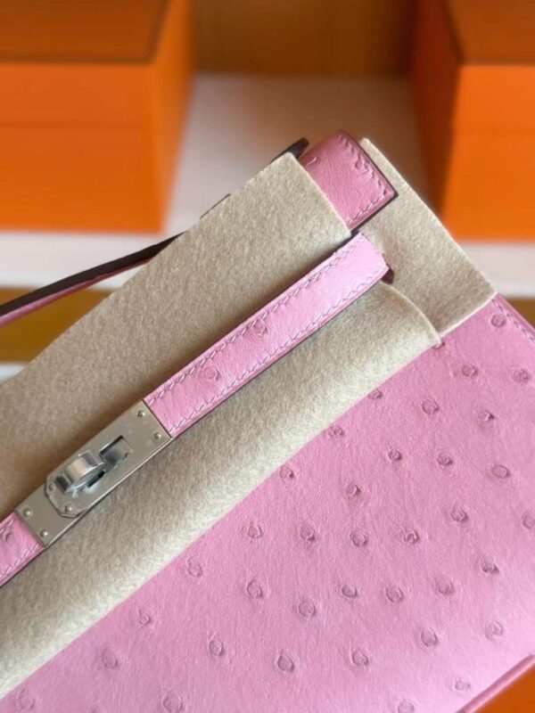 H Factory Bags Mini Kelly Pochette Ostrich Leather L4 Bubble Pink Silver Hardware 22cm Full Handmade