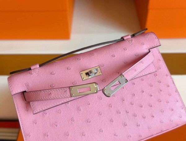 H Factory Bags Mini Kelly Pochette Ostrich Leather L4 Bubble Pink Silver Hardware 22cm Full Handmade
