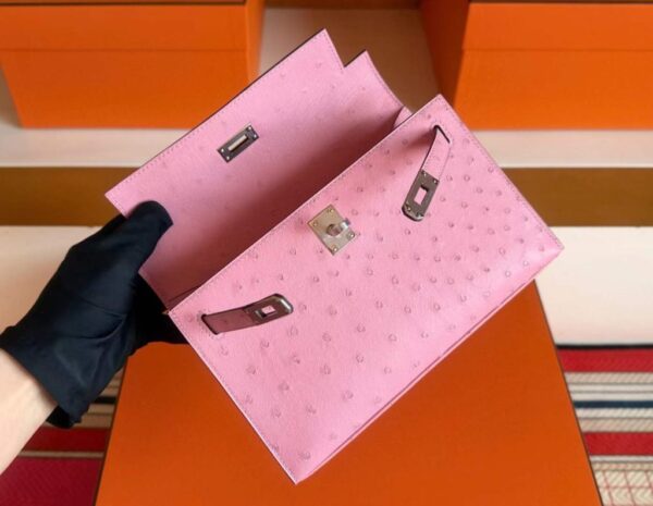 H Factory Bags Mini Kelly Pochette Ostrich Leather L4 Bubble Pink Silver Hardware 22cm Full Handmade