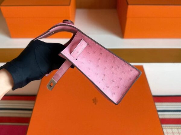 H Factory Bags Mini Kelly Pochette Ostrich Leather L4 Bubble Pink Silver Hardware 22cm Full Handmade