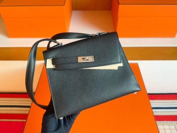 H Factory Bags Kelly Desordre Epsom CK89 Black Silver Hardware 20cm Full Handmade