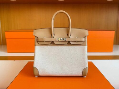 H Factory Bags Birkin toile Swift Leather & Canvas Khaki & White Silver Hardware 25cm Full Handmade