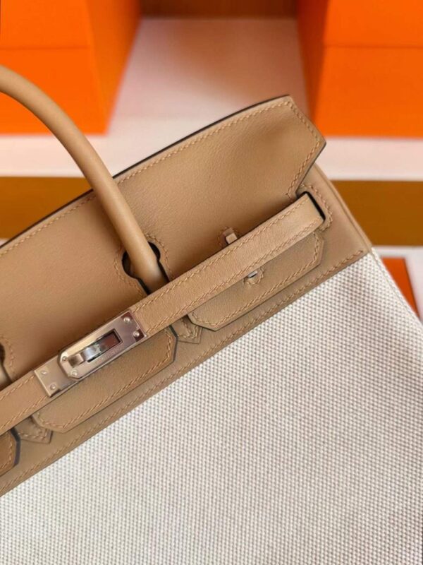H Factory Bags Birkin toile Swift Leather & Canvas Khaki & White Silver Hardware 25cm Full Handmade
