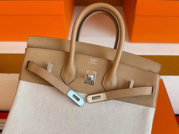 H Factory Bags Birkin toile Swift Leather & Canvas Khaki & White Silver Hardware 25cm Full Handmade