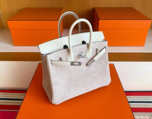 H Factory Bags Birkin Swift & Sudue Leather Cream White & Taro Pink Silver Hardware 25cm Full Handmade