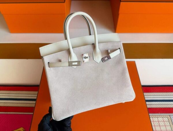 H Factory Bags Birkin Swift & Sudue Leather Cream White & Taro Pink Silver Hardware 25cm Full Handmade