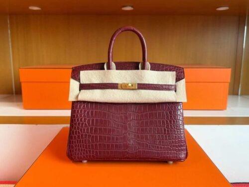 H Factory Bags Birkin Matte Porosus Crocodile Bordeaux Red Gold Hardware 25cm Full Handmade
