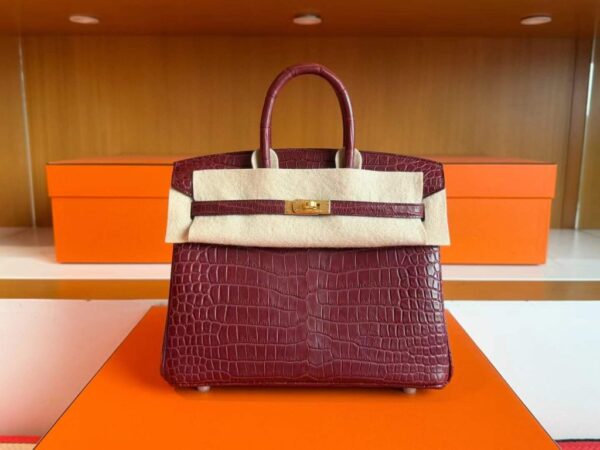 H Factory Bags Birkin Matte Porosus Crocodile Bordeaux Red Gold Hardware 25cm Full Handmade