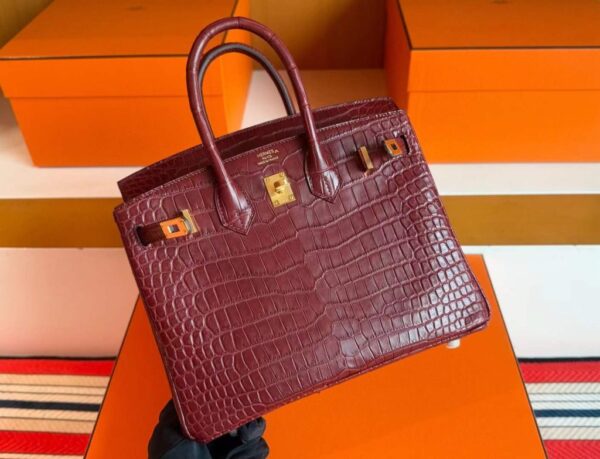 H Factory Bags Birkin Matte Porosus Crocodile Bordeaux Red Gold Hardware 25cm Full Handmade