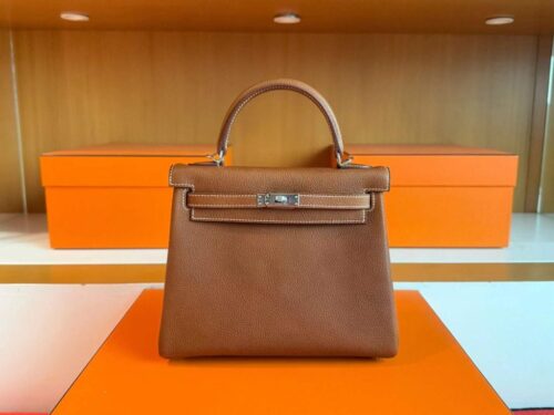 H Factory Bags Kelly Barenia Leather Gold Brown Silver Hardware 25cm Full Handmade