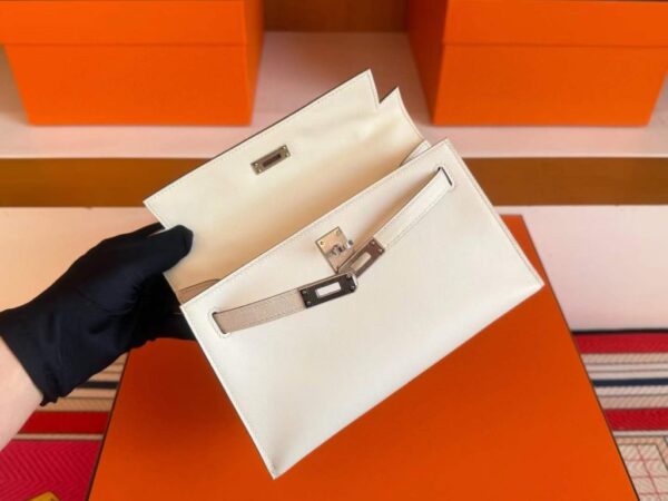 H Factory Bags Mini Kelly Pochette Swift Leather Cream White Silver Hardware 22cm Full Handmade