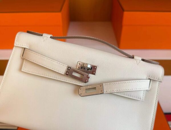 H Factory Bags Mini Kelly Pochette Swift Leather Cream White Silver Hardware 22cm Full Handmade