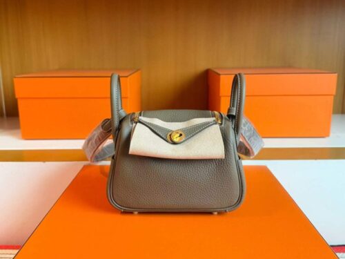 H Factory Bags Mini Lindy Togo Leather Etoupe Grey Gold Hardware 19cm Full Handmade