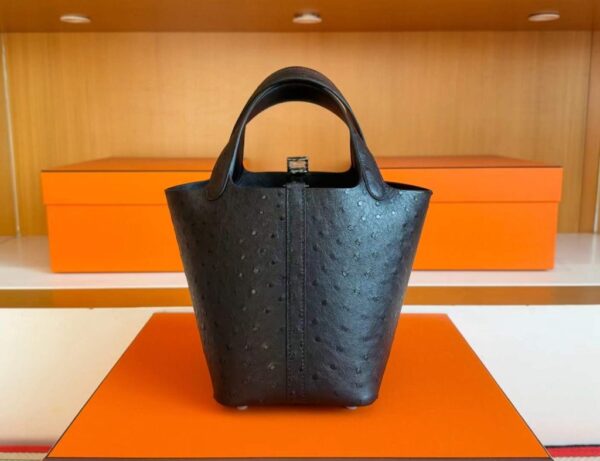 H Factory Bags Picotin Ostrich Leather CK89 Black Silver Hardware 18cm Full Handmade