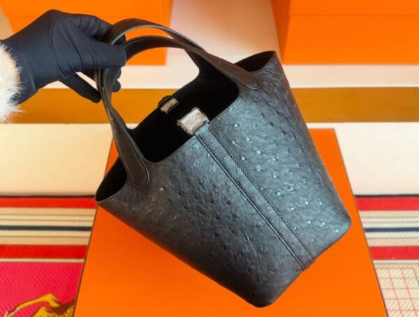 H Factory Bags Picotin Ostrich Leather CK89 Black Silver Hardware 18cm Full Handmade