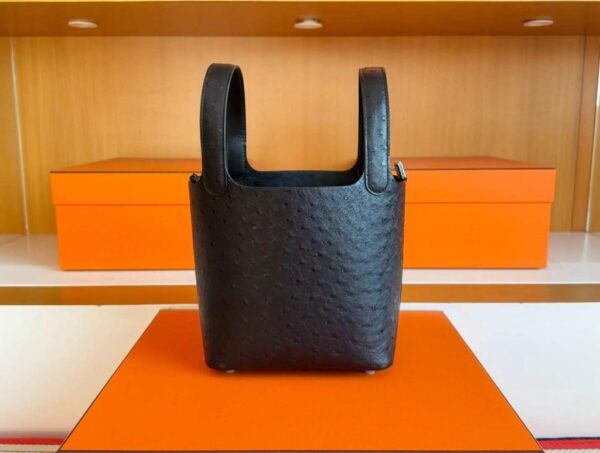 H Factory Bags Picotin Ostrich Leather CK89 Black Silver Hardware 18cm Full Handmade