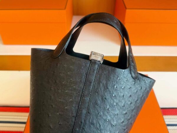 H Factory Bags Picotin Ostrich Leather CK89 Black Silver Hardware 18cm Full Handmade