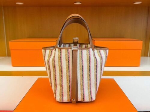 H Factory Bags Picotin Swift Leather & Canvas Colorful Silver Hardware 18cm Full Handmade