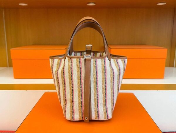 H Factory Bags Picotin Swift Leather & Canvas Colorful Silver Hardware 18cm Full Handmade