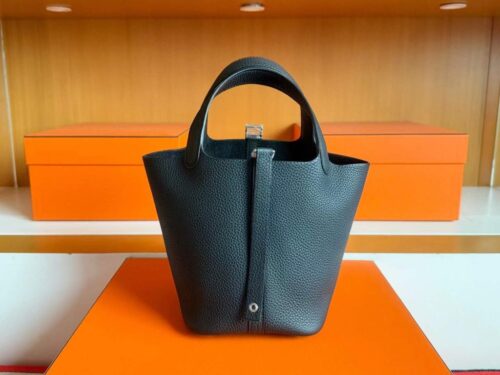 H Factory Bags Picotin Togo Leather CK89 Black Silver Hardware 18cm Full Handmade