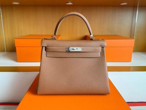 H Factory Bags Kelly Togo Leather Golden Brown Silver Hardware 28cm Full Handmade