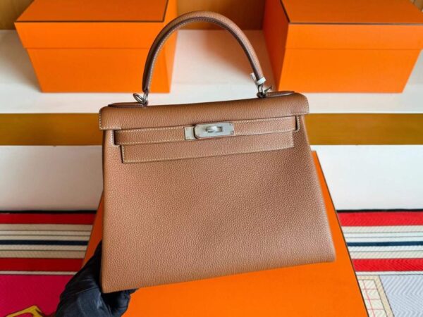 H Factory Bags Kelly Togo Leather Golden Brown Silver Hardware 28cm Full Handmade