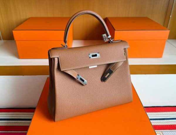 H Factory Bags Kelly Togo Leather Golden Brown Silver Hardware 28cm Full Handmade