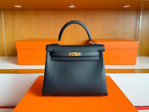 H Factory Bags Kelly Togo Leather CK89 Black Gold Hardware 25cm Full Handmade