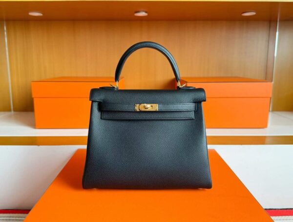 H Factory Bags Kelly Togo Leather CK89 Black Gold Hardware 25cm Full Handmade