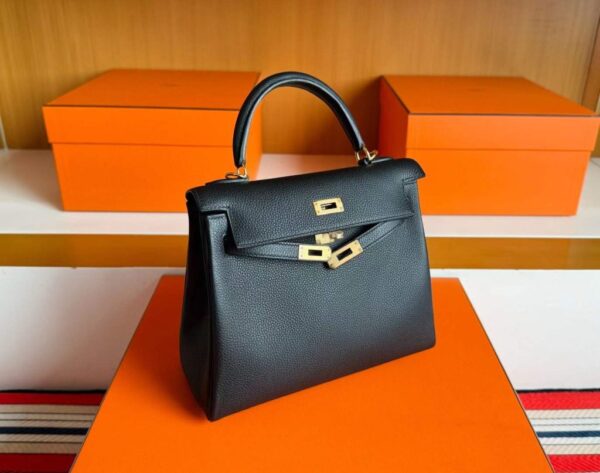 H Factory Bags Kelly Togo Leather CK89 Black Gold Hardware 25cm Full Handmade