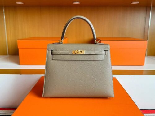 H Factory Bags Kelly Epsom Leather Etoupe Grey Gold Hardware 25cm Full Handmade