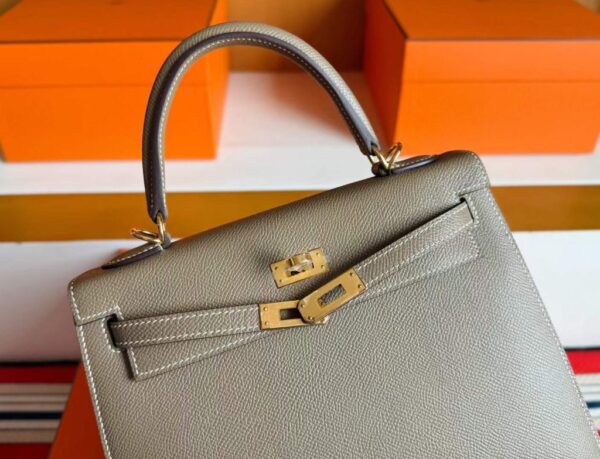H Factory Bags Kelly Epsom Leather Etoupe Grey Gold Hardware 25cm Full Handmade