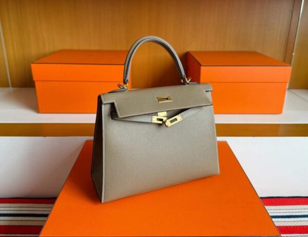 H Factory Bags Kelly Epsom Leather Etoupe Grey Gold Hardware 25cm Full Handmade