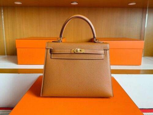 H Factory Bags Kelly Epsom Leather Golden Brown Gold Hardware 25cm Full Handmade