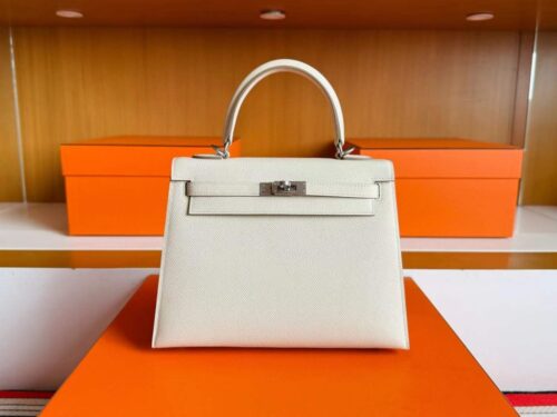 H Factory Bags Kelly Epsom Leather Cream White Silver Hardware 25cm Full Handmade