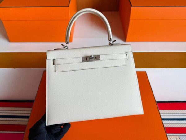 H Factory Bags Kelly Epsom Leather Cream White Silver Hardware 25cm Full Handmade