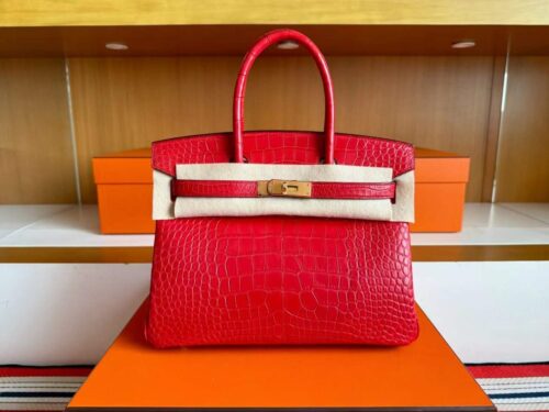 H Factory Bags Birkin Matte Alligator Crocodile Ferrari Red Gold Hardware 30cm Full Handmade