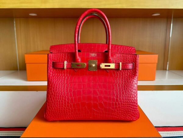 H Factory Bags Birkin Matte Alligator Crocodile Ferrari Red Gold Hardware 30cm Full Handmade