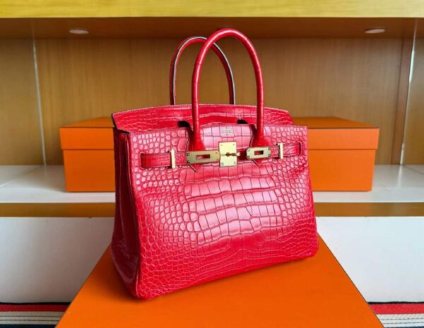 H Factory Bags Birkin Matte Alligator Crocodile Ferrari Red Gold Hardware 30cm Full Handmade