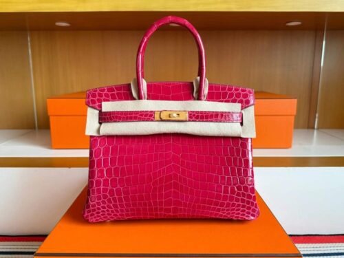 H Factory Bags Birkin Shiny Niloticus Crocodile 5R Rose Red Gold Hardware 30cm Full Handmade