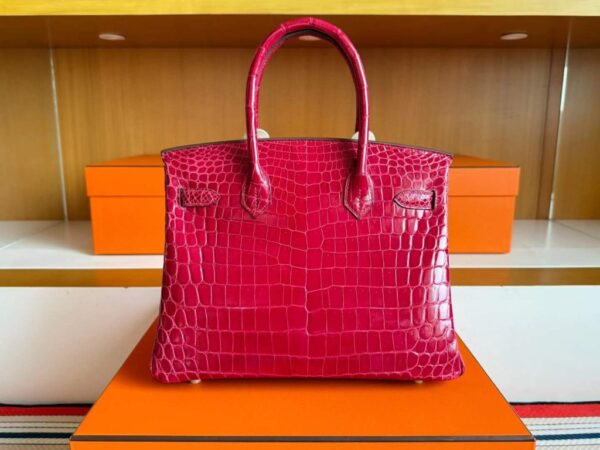 H Factory Bags Birkin Shiny Niloticus Crocodile 5R Rose Red Gold Hardware 30cm Full Handmade